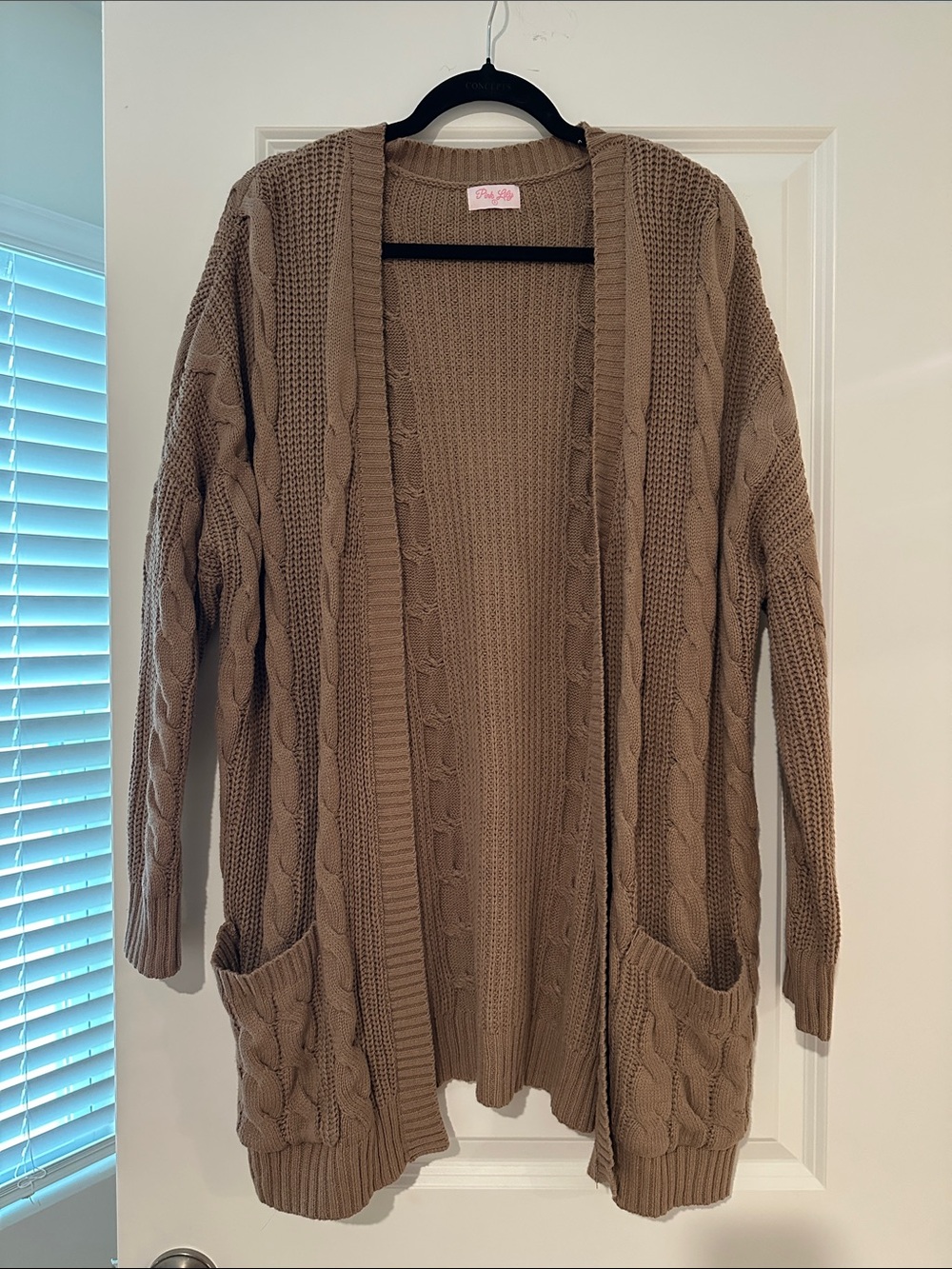 Pink Lily Taupe Cable Knit Open-Front Cardigan